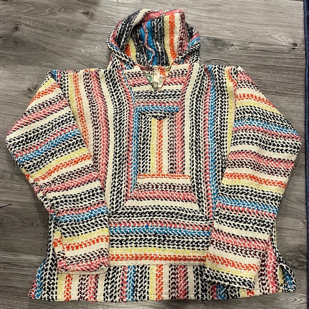 EUC Mexican Baja Cotton Hoodie Siesta Surf Hippy Baha Rainbow Pullover Sz Small